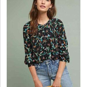 Anthropologie Maeve Avignon Floral Top Blouse Small Black Button